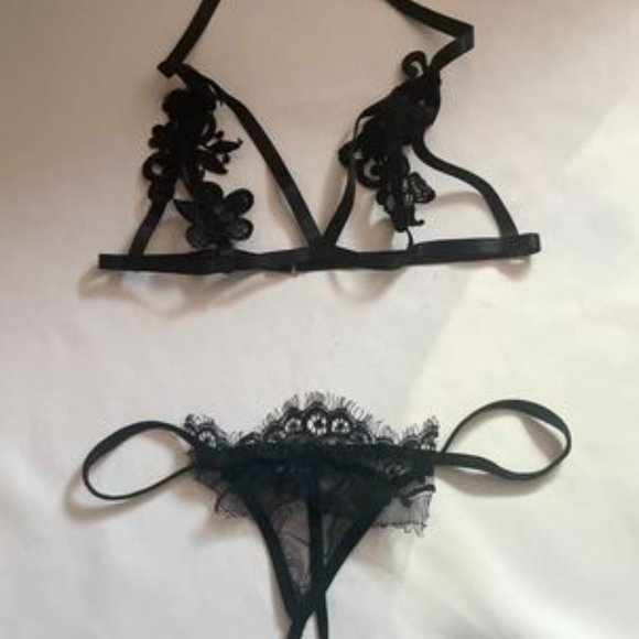 BLACK LACY LINGERIE SET WITH FLOWERS SHEER MESH SIZE SMALL - Picture 2 of 6